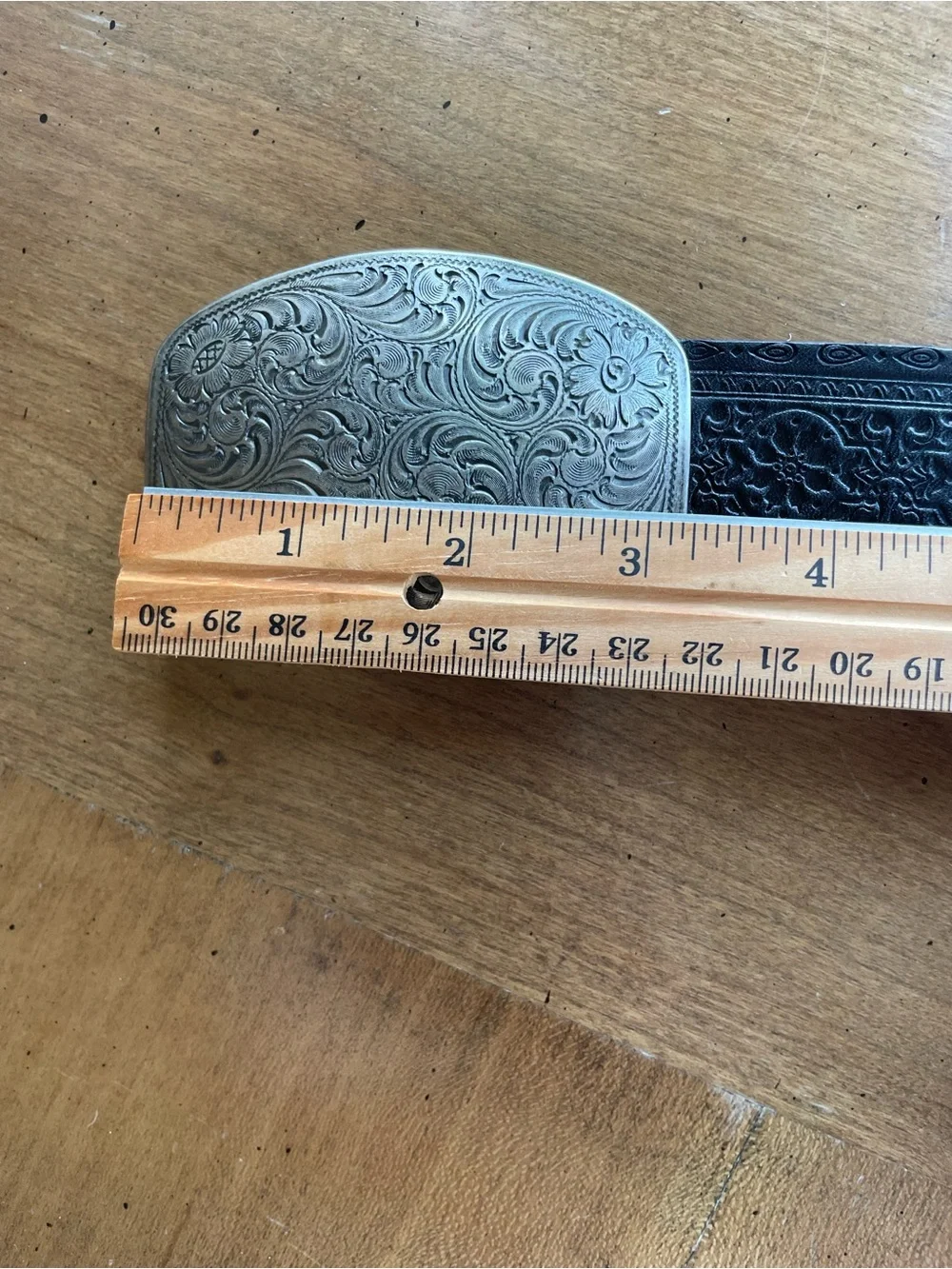 Vintage 90’s Black Leather Belt with Engraved Silver Buckle size 36”